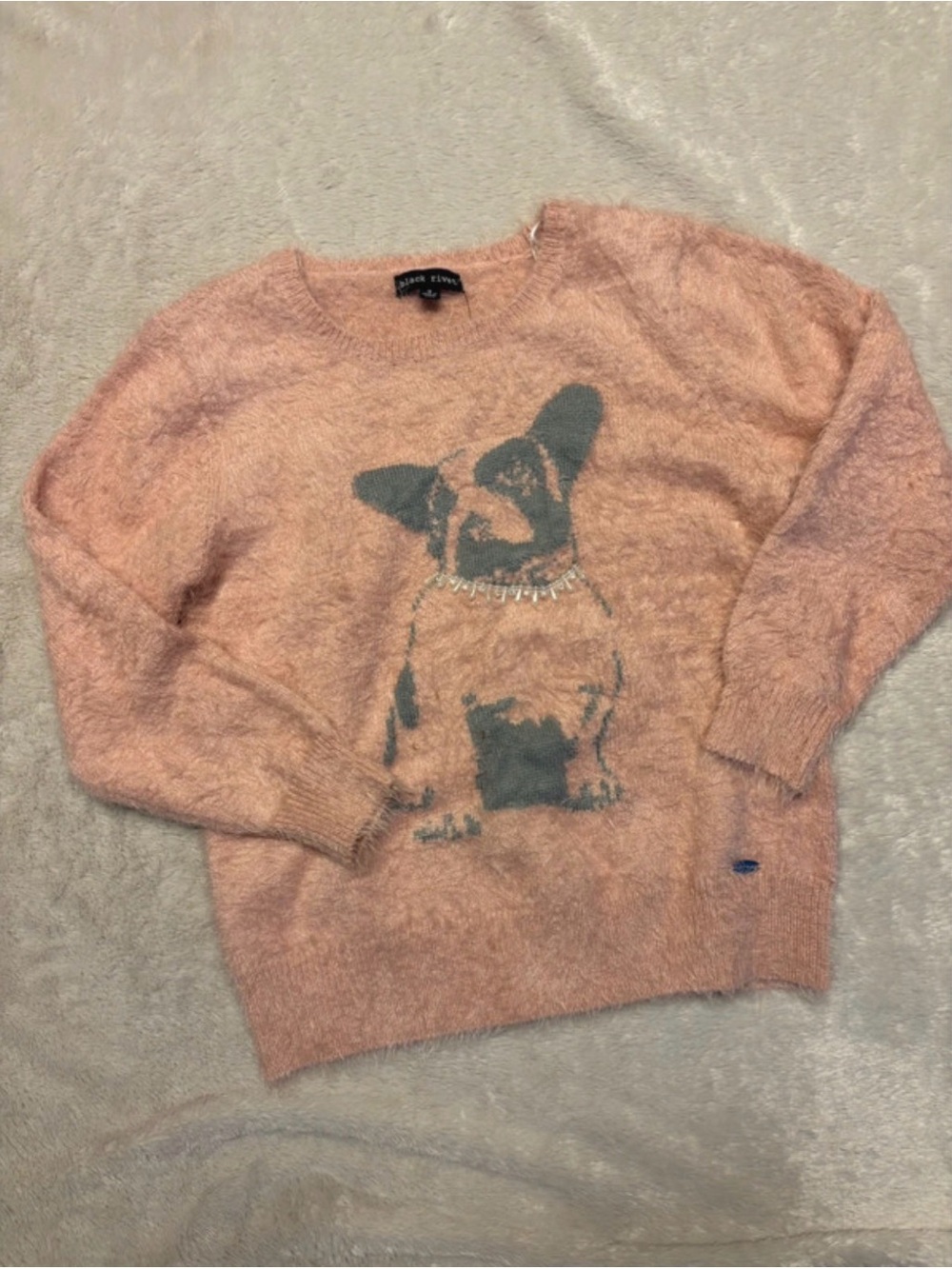 Black Rivet Heather Pink Fuzzy Crewneck Sweater with Dog Graphic